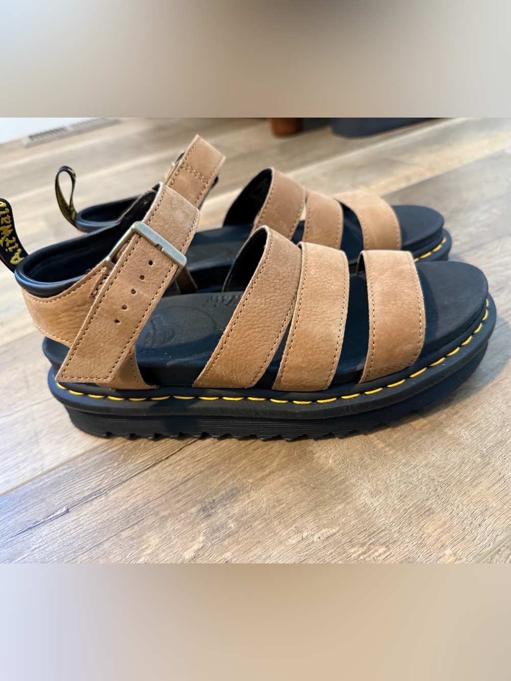 Dr. Martens Tan Suede Multi-Strap Sandals with Yellow Stitching, Size 10 - Picture 2 of 7